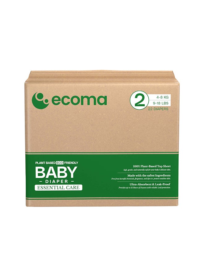 Ecoma حفاضات الأطفال الأساسية الحجم 2 (4–8 كجم) صغيرة | 22 قطعة | 100% قماش علوي نباتي | حماية من التسرب لمدة 12 ساعة | فائقة النعومة، مضادة للحساسية وخالية من الأصباغ | نباتية وصديقة للبيئة - Image 1